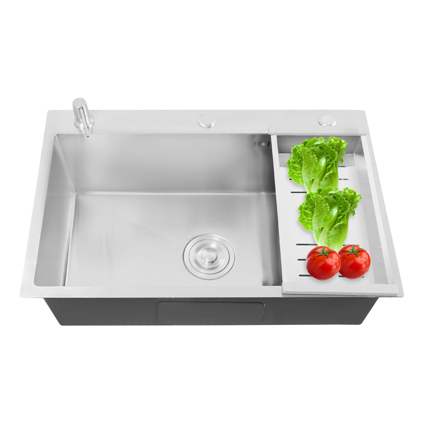Sliver Stainless Steel Kitchen Sink, Single Bowl Sink with Soap Dispenser and Draining Basket, Kitchen Sink without Faucet