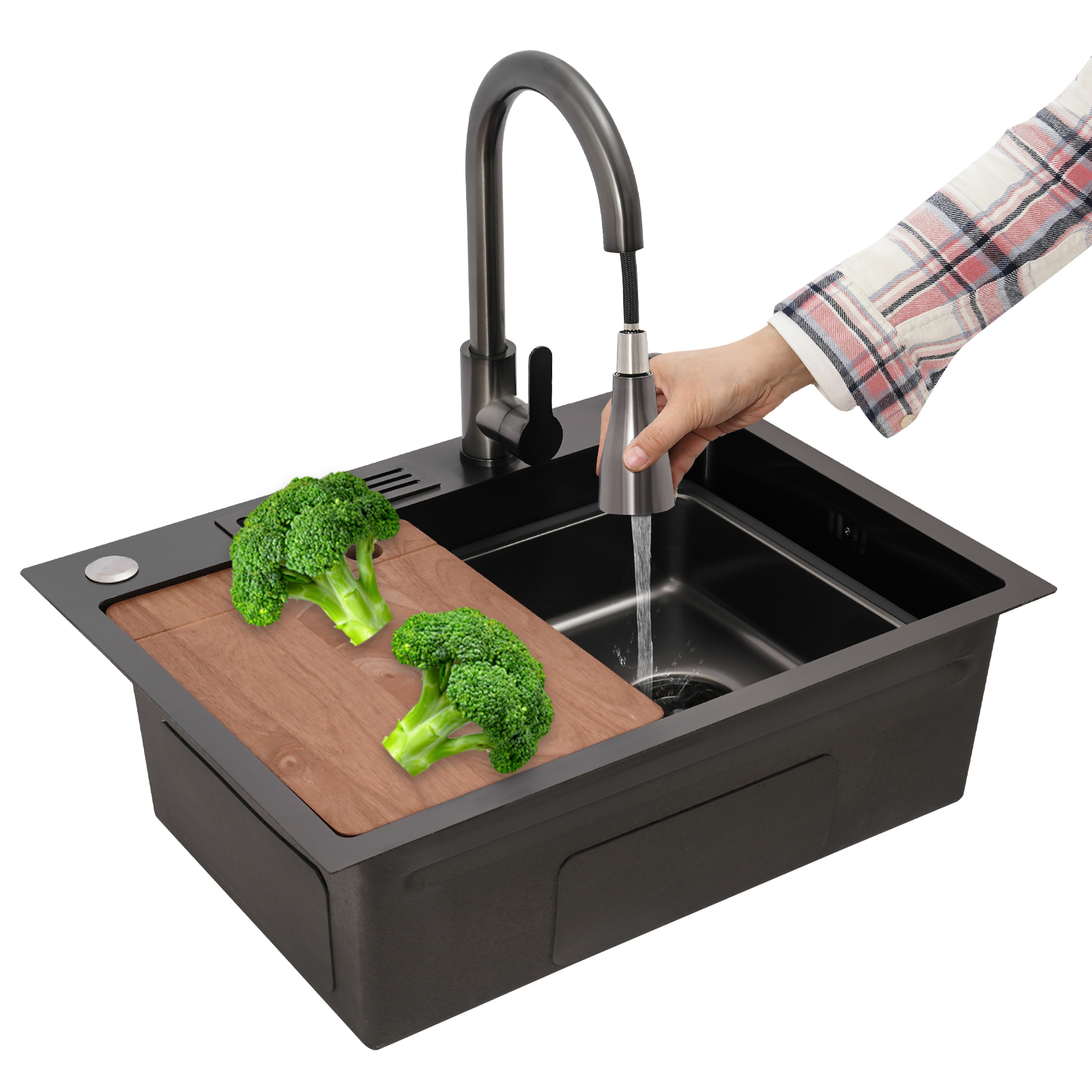 Kitchen Sink, Stainless Steel Kitchen Sink, Stainless Steel Sink with Knife Holder - Black