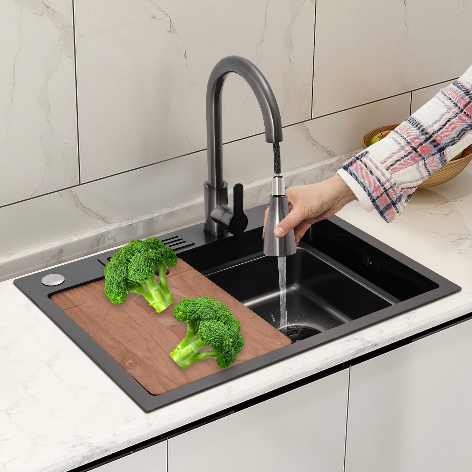 Kitchen Sink, Stainless Steel Kitchen Sink, Stainless Steel Sink with Knife Holder - Black