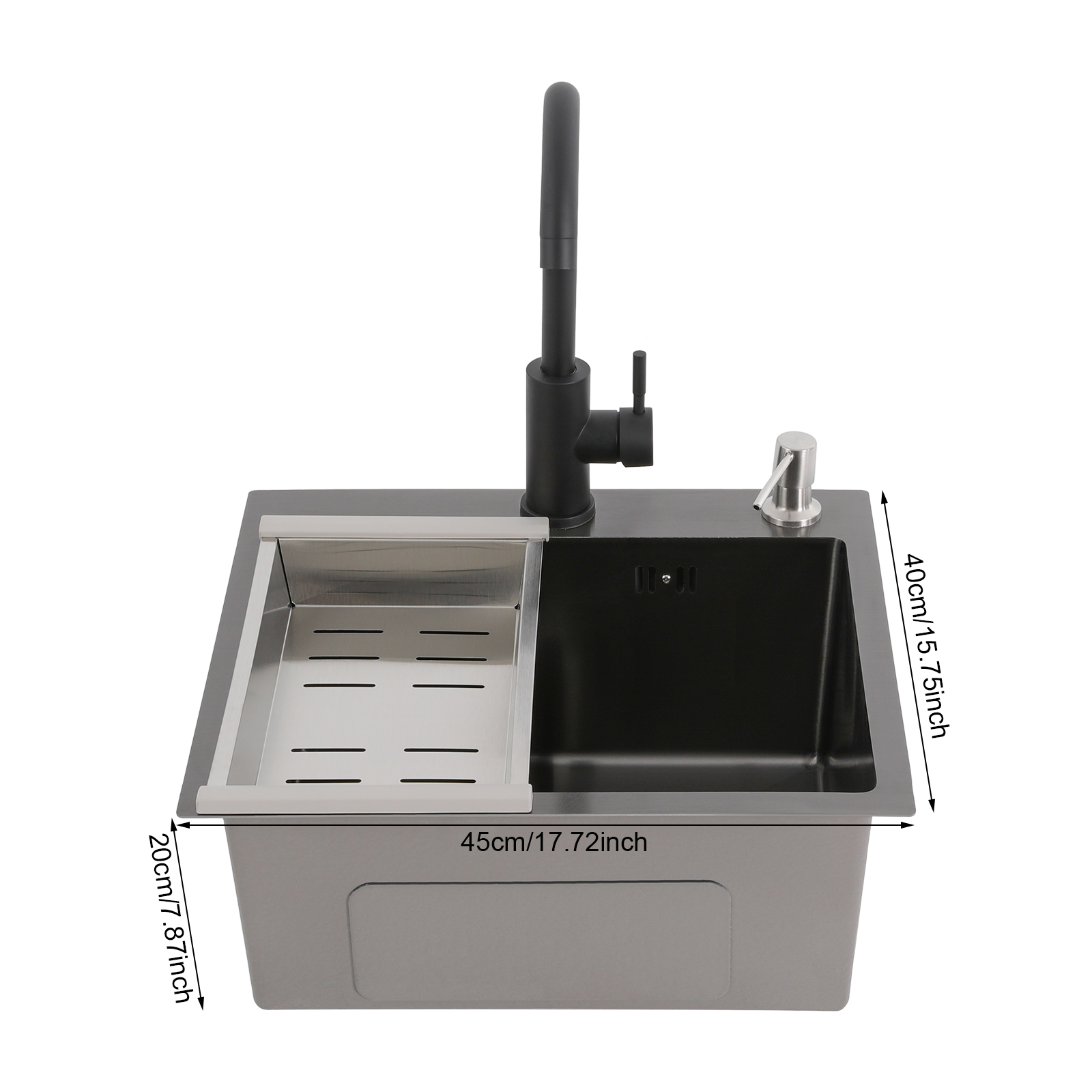 40*45cm Kitchen Sink, Stainless Steel Kitchen Sink, Stainless Steel Sink with Tap + Faucet + Drainer + Soap Dispenser + Drain Basket -Black
