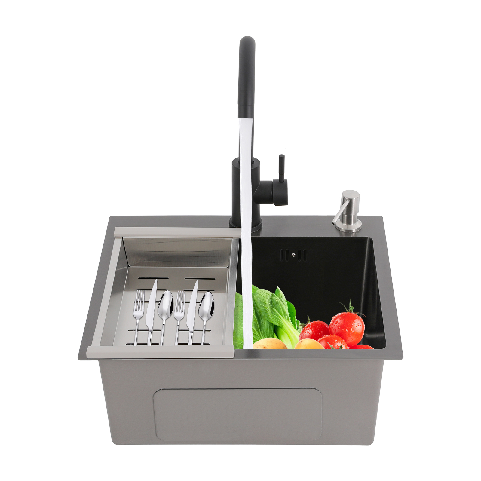 40*45cm Kitchen Sink, Stainless Steel Kitchen Sink, Stainless Steel Sink with Tap + Faucet + Drainer + Soap Dispenser + Drain Basket -Black