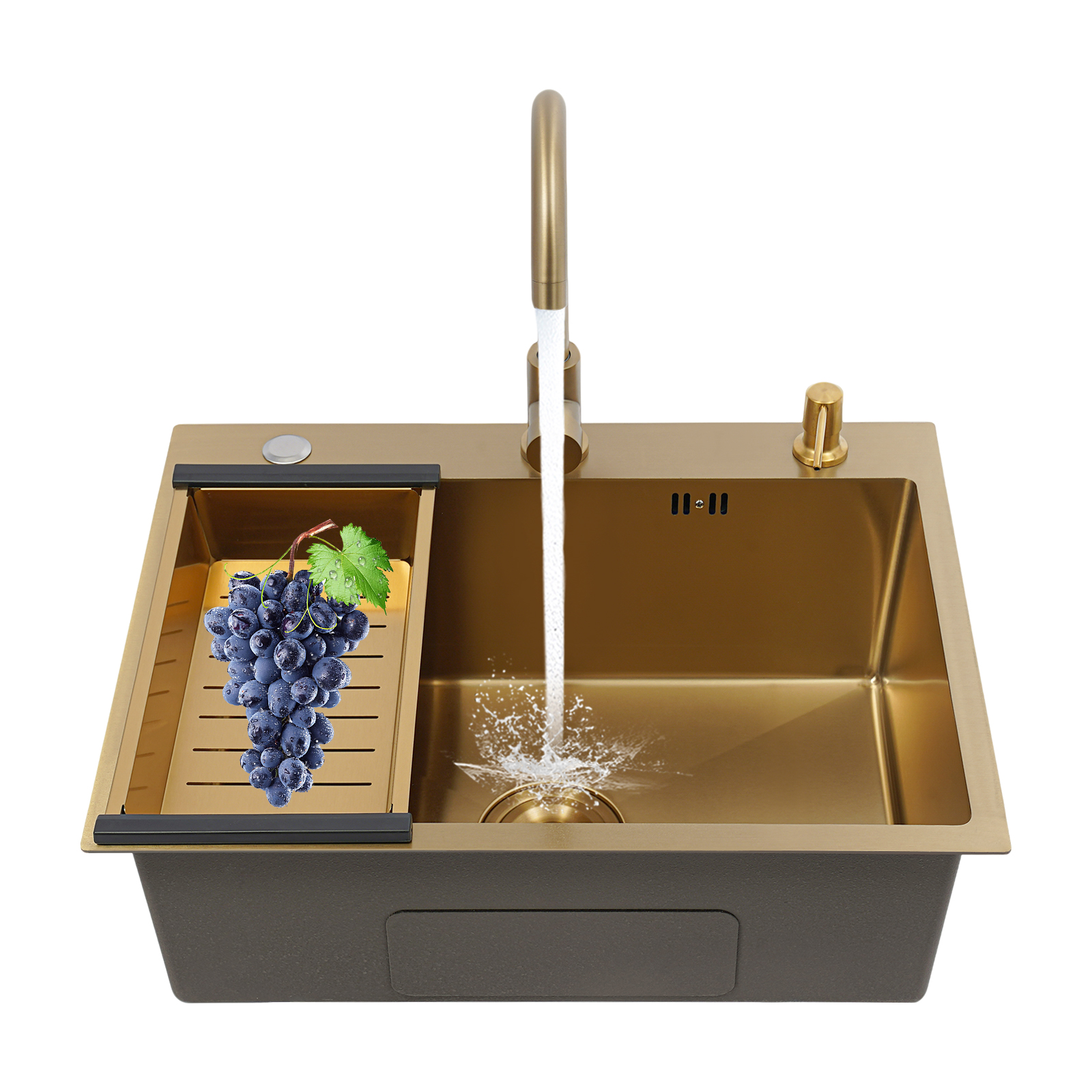 Rectangular Sink with Draining Basket, Single Bowl Kitchen Sink - Gold Sink + Drain Set + Gold Soap Dispenser + Gold Faucet + Gold Drain Basket