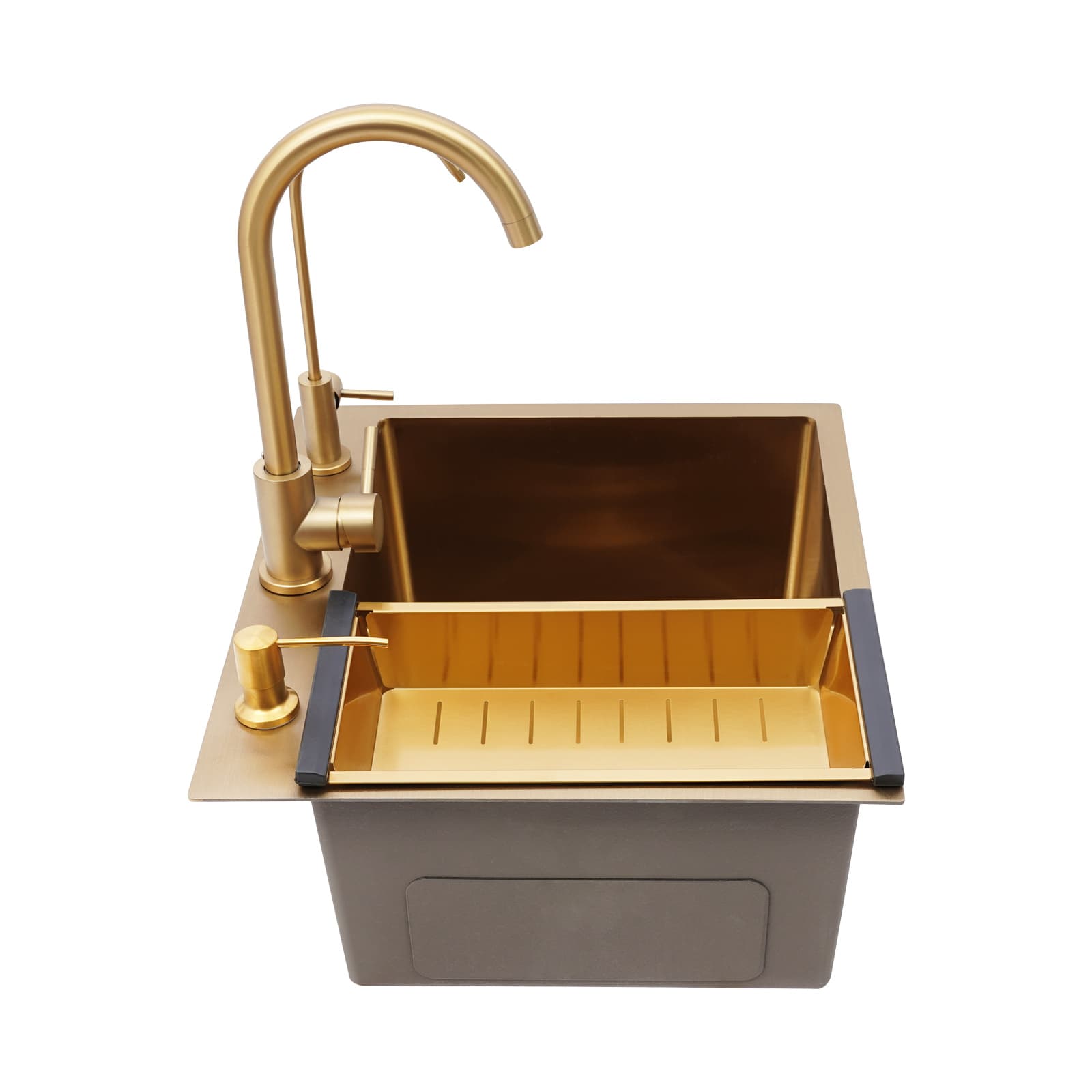Gold sink + gold soap dispenser + gold large curved faucet + gold water purification faucet + gold thick drain basket