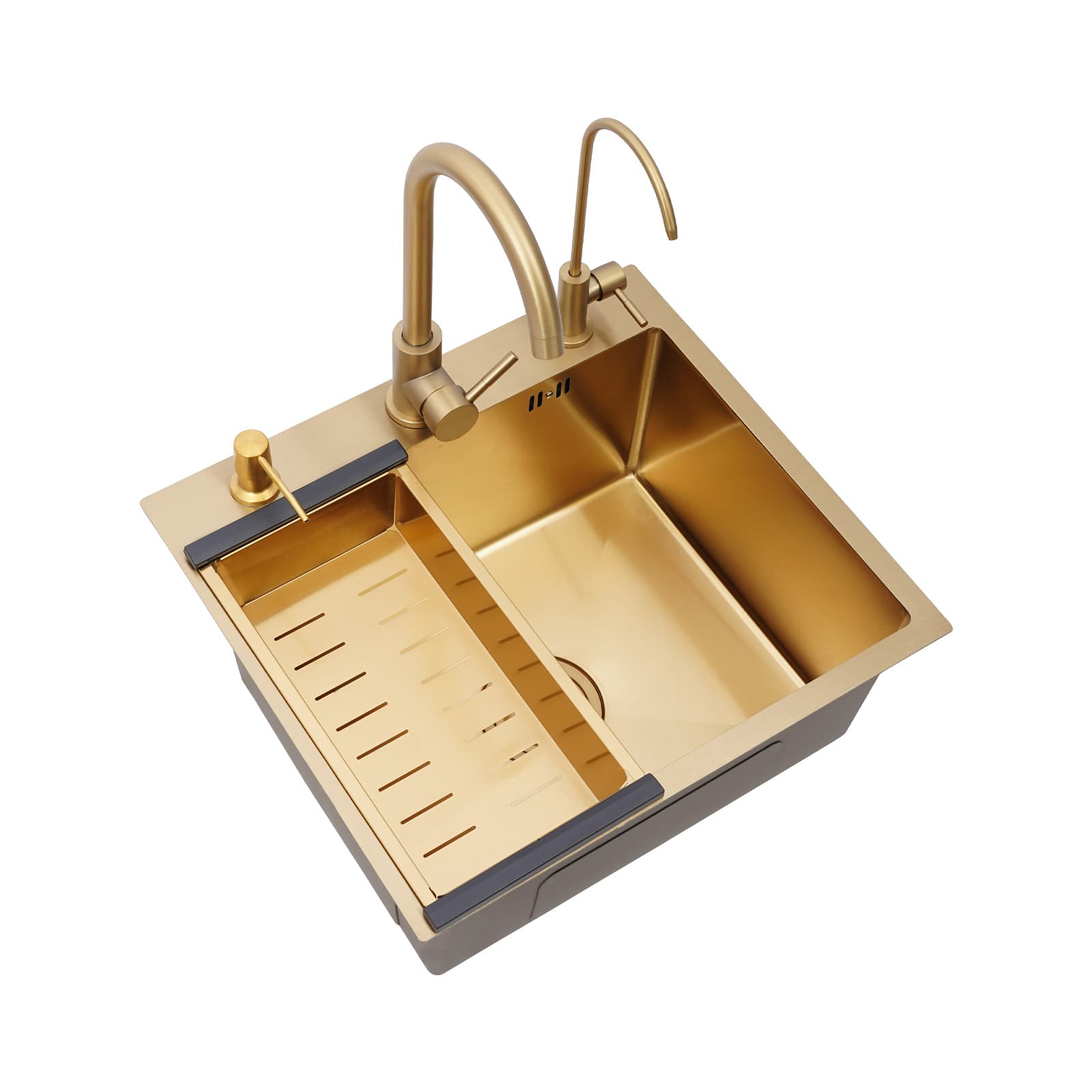 Gold sink + gold soap dispenser + gold large curved faucet + gold water purification faucet + gold thick drain basket