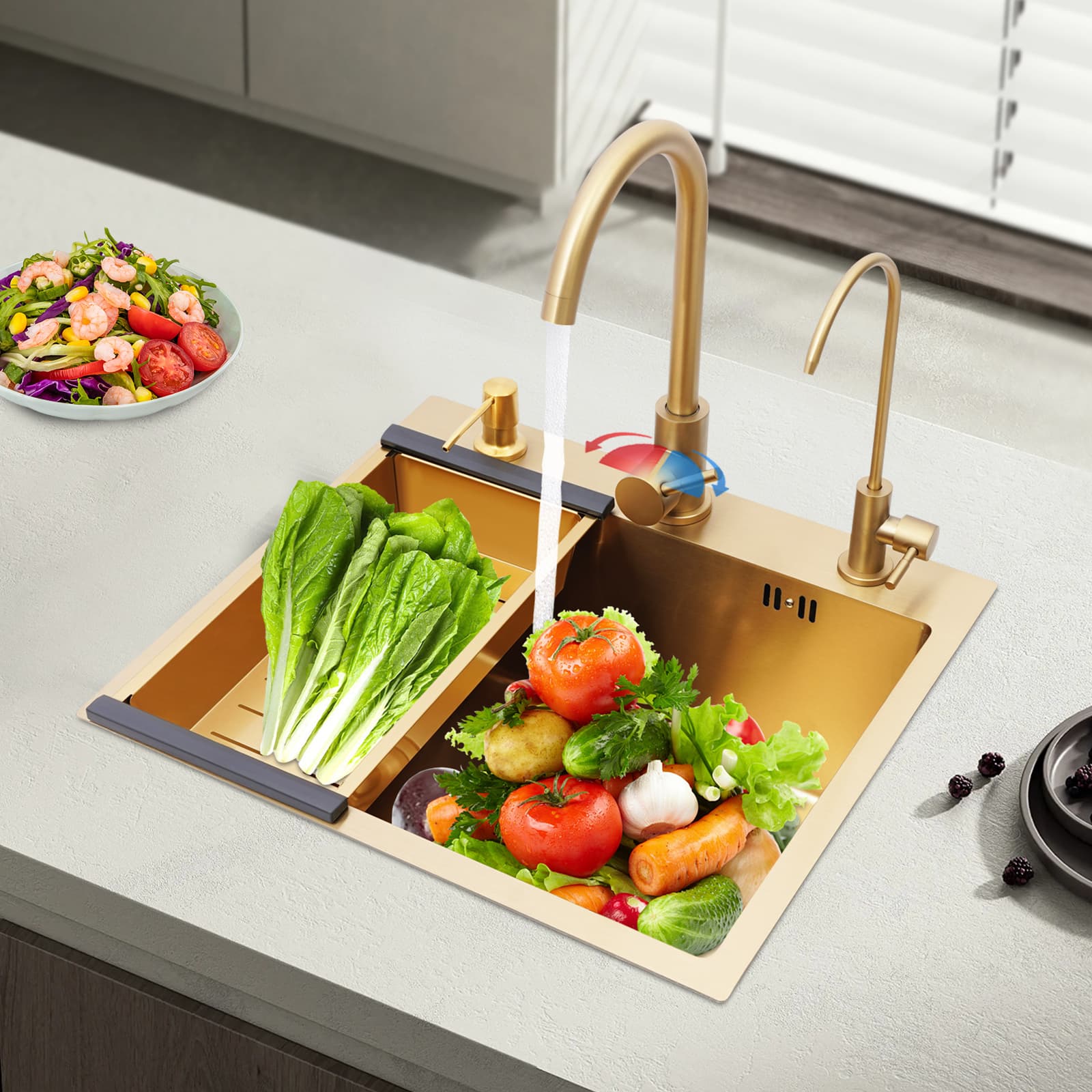 Gold sink + gold soap dispenser + gold large curved faucet + gold water purification faucet + gold thick drain basket
