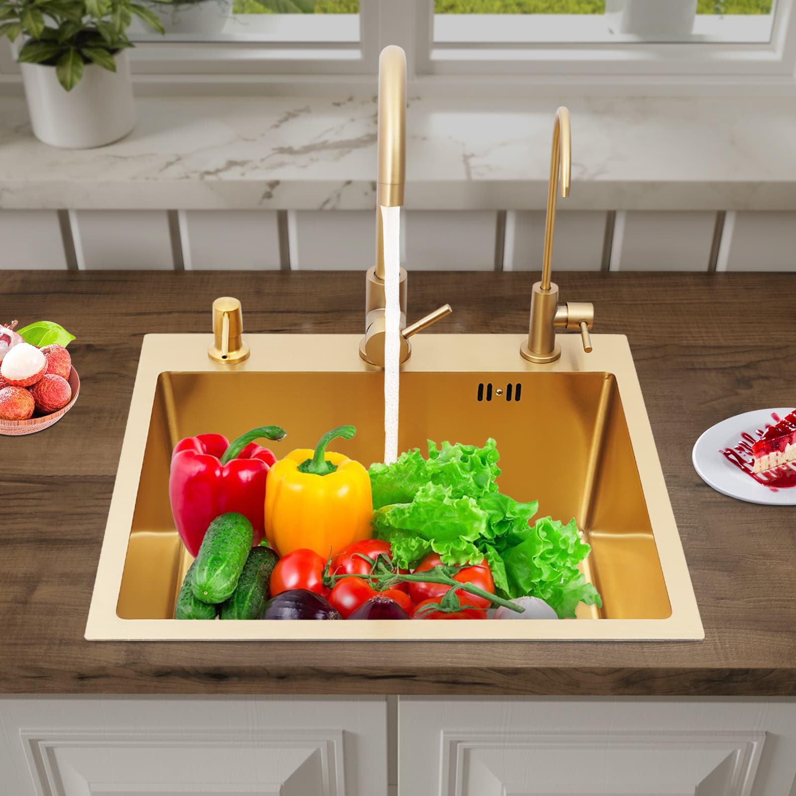 Gold sink + gold soap dispenser + gold large curved faucet + gold water purification faucet + gold thick drain basket