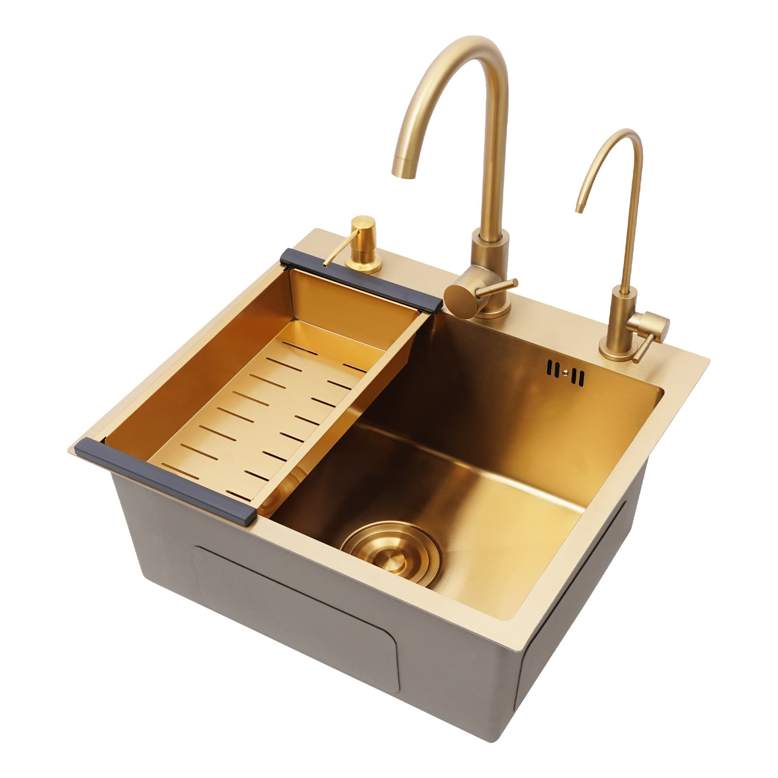 Gold sink + gold soap dispenser + gold large curved faucet + gold water purification faucet + gold thick drain basket