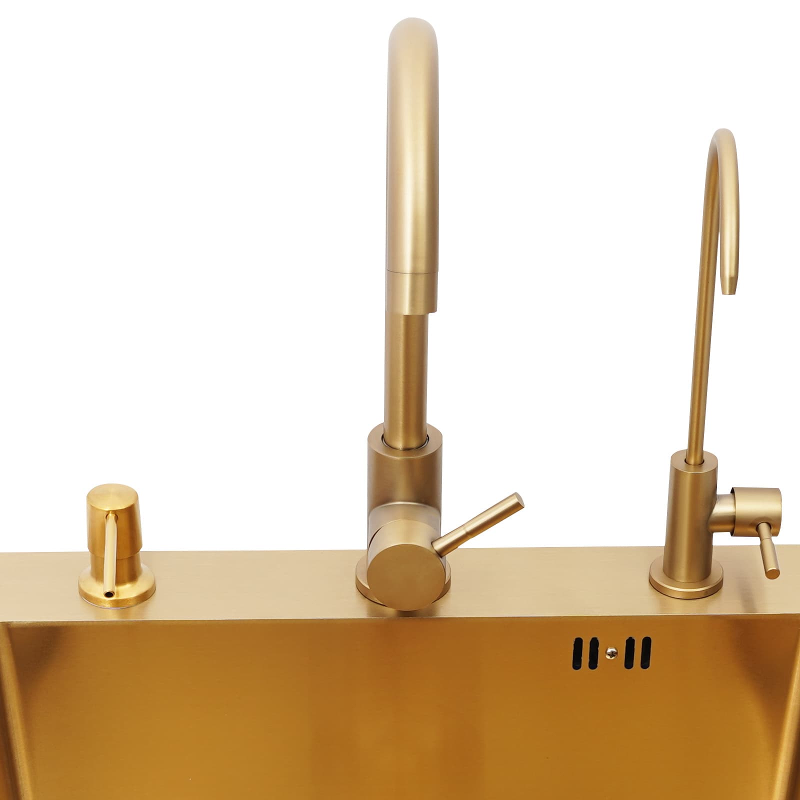 Gold sink + gold soap dispenser + gold large curved faucet + gold water purification faucet + gold thick drain basket