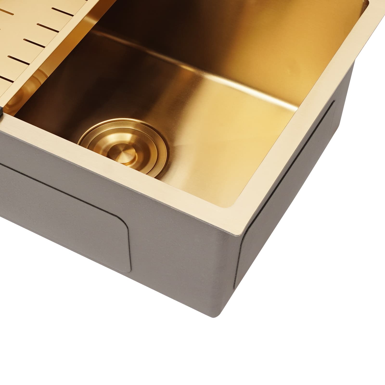 Gold sink + gold soap dispenser + gold large curved faucet + gold water purification faucet + gold thick drain basket