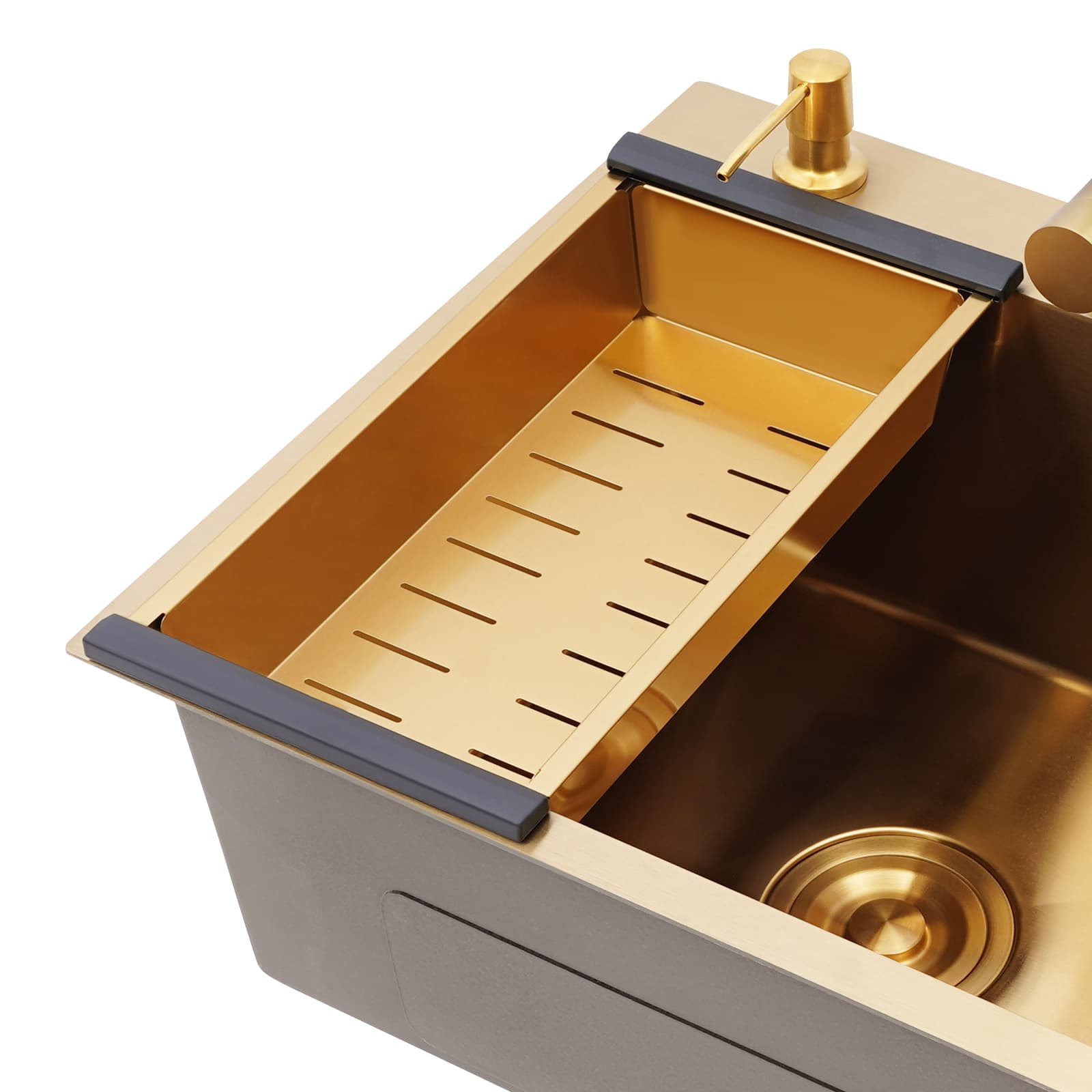 Gold sink + gold soap dispenser + gold large curved faucet + gold water purification faucet + gold thick drain basket