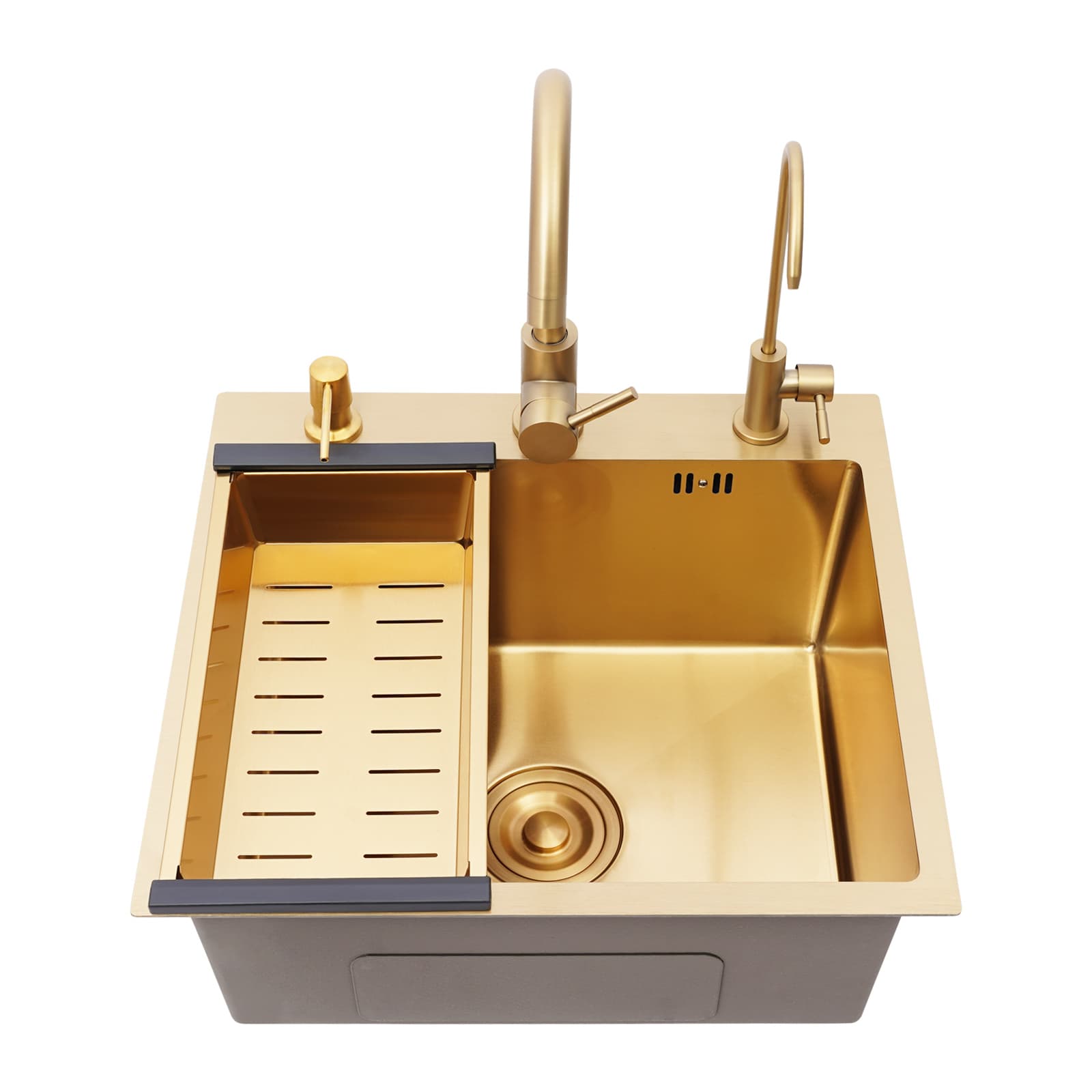 Gold sink + gold soap dispenser + gold large curved faucet + gold water purification faucet + gold thick drain basket