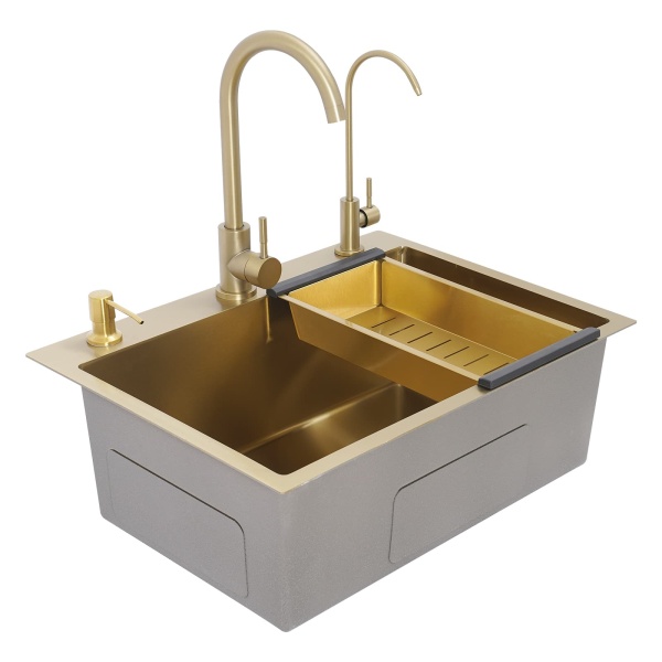 60x45 gold sink + drain set + gold soap dispenser + gold large curved faucet + gold water purification faucet + gold thick drain basket