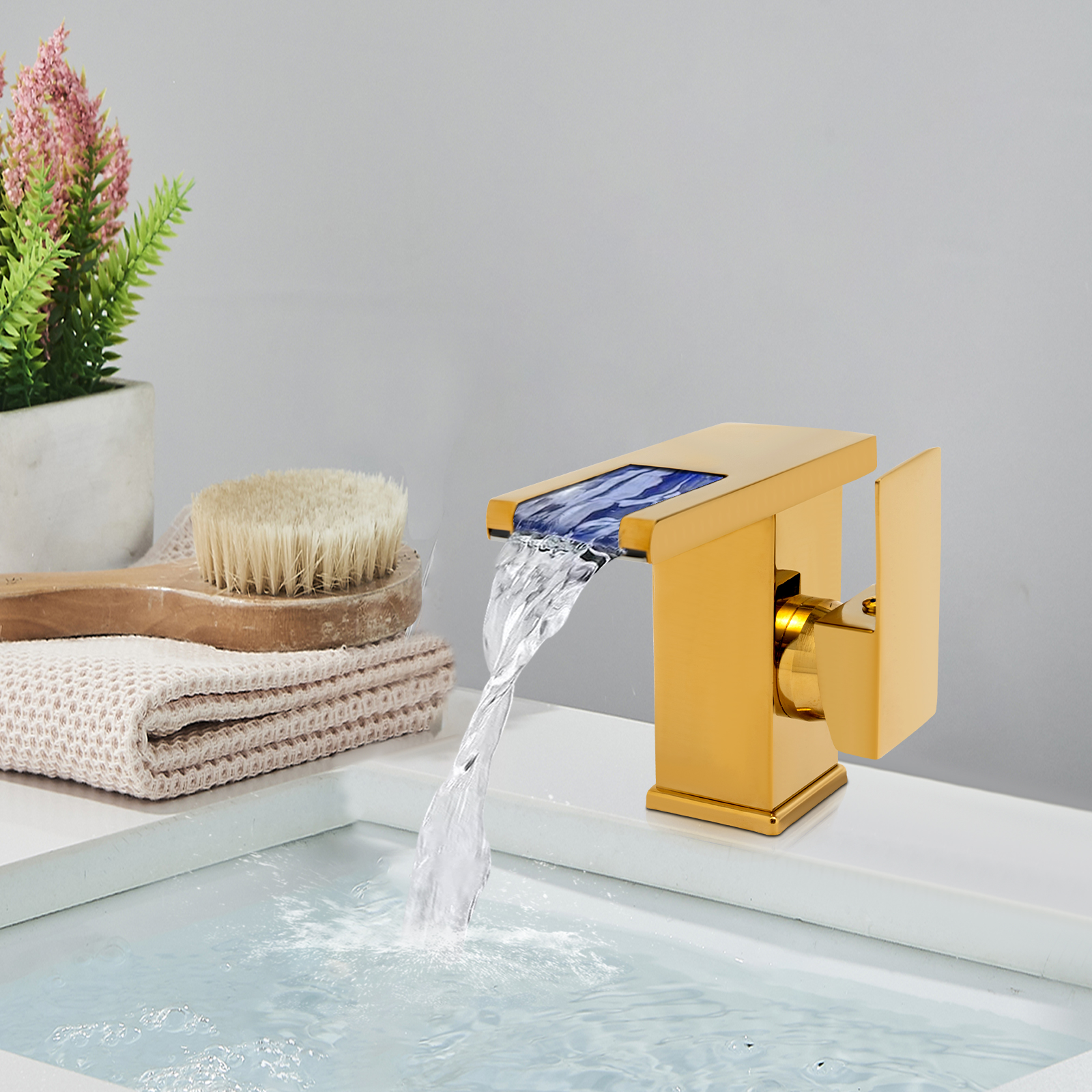 LED bathtub faucet, 3 color LED light faucet, Waterfall faucet, Intelligent safety, 0-80℃, 12.5*12.5*12.5*6 cm, Golden