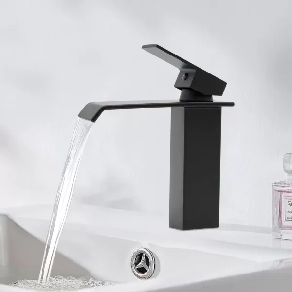 Bathroom Waterfall Faucet, Basin Faucet, Hot and Cold Water, High Pressure Available, Single Handle, Matte Black, 3/8 Inch Interface