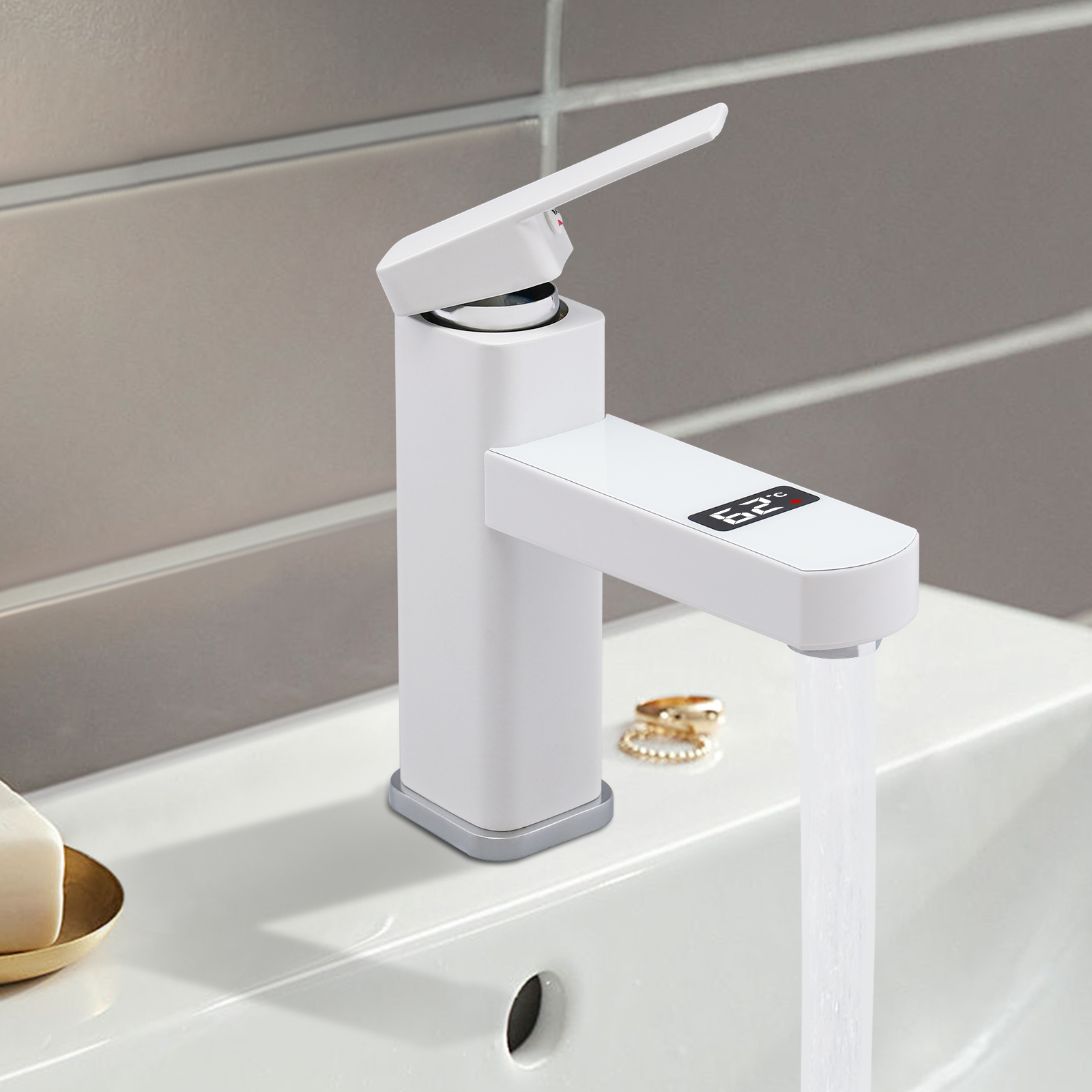 Wash Basin Faucet Tap Bathroom Sink Mixer Tap Single Lever Digital Display Short Version (Including Hose) - White Wash Basin Faucet Tap Bathroom Sink Mixer Tap Single Lever Digital Display Short Version (Including Hose) - White