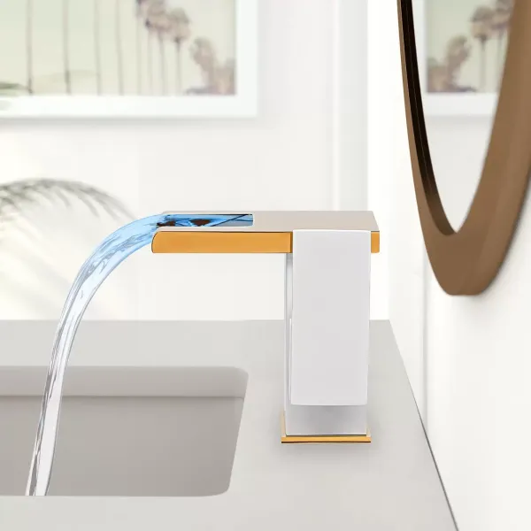 LED Bathroom Waterfall Faucet, White and Gold, Ideal for Homes, Kitchens, Bathrooms, Restaurants, Hotels, Bars