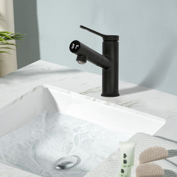 Bathroom Retractable Temperature Display Faucet Single Handle Mixer Tap G1/2" Bathroom Sink Faucet For Homes Kitchens Bathrooms Black