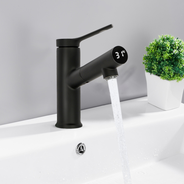 Bathroom Retractable Temperature Display Faucet Single Handle Mixer Tap G1/2" Bathroom Sink Faucet For Homes Kitchens Bathrooms Black
