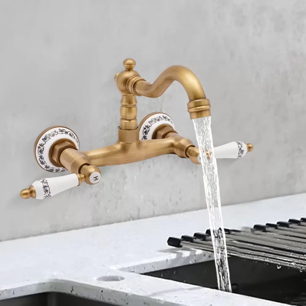 Swivel Wall Mixer Antique Brass Wall Kitchen Mixer Double Lever Sink Mixer For A Male 1/2'' Thread Pipe Wall-Mounted Kitchen Faucet Gold