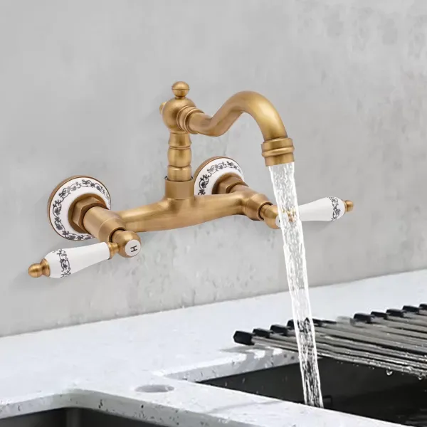Swivel Wall Mixer Antique Brass Wall Kitchen Mixer Double Lever Sink Mixer For A Male 1/2'' Thread Pipe Wall-Mounted Kitchen Faucet Gold