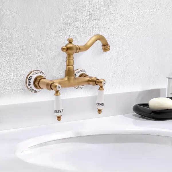 Swivel Wall Mixer Antique Brass Wall Kitchen Mixer Double Lever Sink Mixer For A Male 1/2'' Thread Pipe Wall-Mounted Kitchen Faucet Gold Swivel Wall Mixer Antique Brass Wall Kitchen Mixer Double Lever Sink Mixer For A Male 1/2'' Thread Pipe Wall-Mounted Kitchen Faucet Gold