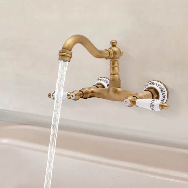 Swivel Wall Mixer Antique Brass Wall Kitchen Mixer Double Lever Sink Mixer For A Male 1/2'' Thread Pipe Wall-Mounted Kitchen Faucet Gold Swivel Wall Mixer Antique Brass Wall Kitchen Mixer Double Lever Sink Mixer For A Male 1/2'' Thread Pipe Wall-Mounted Kitchen Faucet Gold