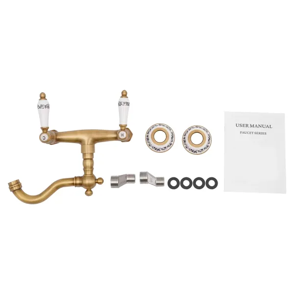 Swivel Wall Mixer Antique Brass Wall Kitchen Mixer Double Lever Sink Mixer For A Male 1/2'' Thread Pipe Wall-Mounted Kitchen Faucet Gold Swivel Wall Mixer Antique Brass Wall Kitchen Mixer Double Lever Sink Mixer For A Male 1/2'' Thread Pipe Wall-Mounted Kitchen Faucet Gold