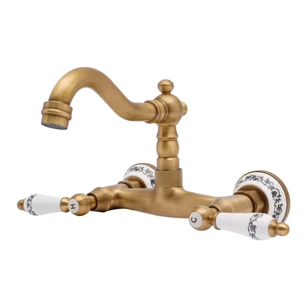 Swivel Wall Mixer Antique Brass Wall Kitchen Mixer Double Lever Sink Mixer For A Male 1/2'' Thread Pipe Wall-Mounted Kitchen Faucet Gold Swivel Wall Mixer Antique Brass Wall Kitchen Mixer Double Lever Sink Mixer For A Male 1/2'' Thread Pipe Wall-Mounted Kitchen Faucet Gold