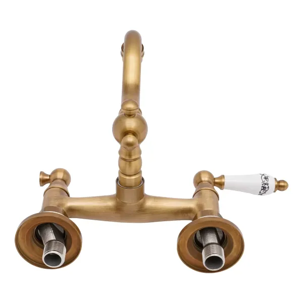 Swivel Wall Mixer Antique Brass Wall Kitchen Mixer Double Lever Sink Mixer For A Male 1/2'' Thread Pipe Wall-Mounted Kitchen Faucet Gold Swivel Wall Mixer Antique Brass Wall Kitchen Mixer Double Lever Sink Mixer For A Male 1/2'' Thread Pipe Wall-Mounted Kitchen Faucet Gold