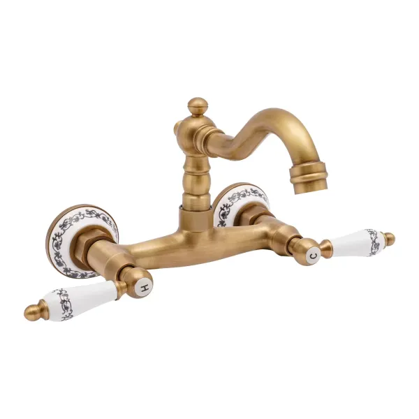 Swivel Wall Mixer Antique Brass Wall Kitchen Mixer Double Lever Sink Mixer For A Male 1/2'' Thread Pipe Wall-Mounted Kitchen Faucet Gold