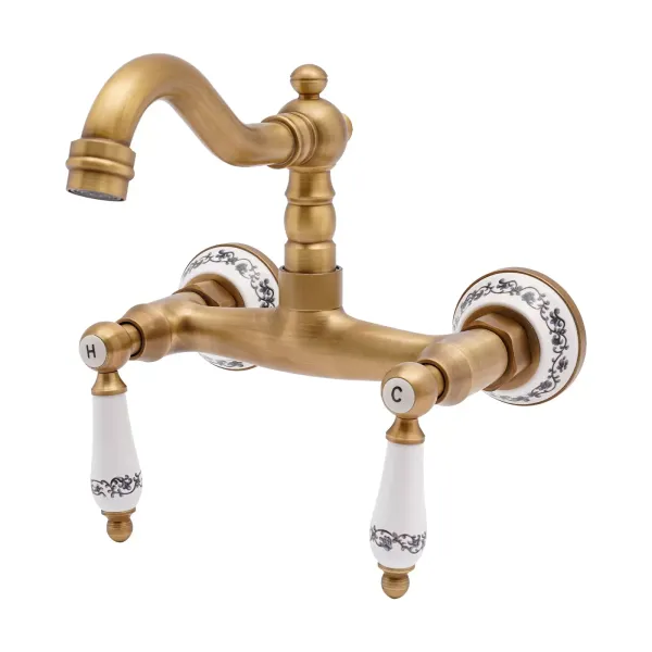 Swivel Wall Mixer Antique Brass Wall Kitchen Mixer Double Lever Sink Mixer For A Male 1/2'' Thread Pipe Wall-Mounted Kitchen Faucet Gold Swivel Wall Mixer Antique Brass Wall Kitchen Mixer Double Lever Sink Mixer For A Male 1/2'' Thread Pipe Wall-Mounted Kitchen Faucet Gold