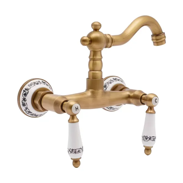 Swivel Wall Mixer Antique Brass Wall Kitchen Mixer Double Lever Sink Mixer For A Male 1/2'' Thread Pipe Wall-Mounted Kitchen Faucet Gold
