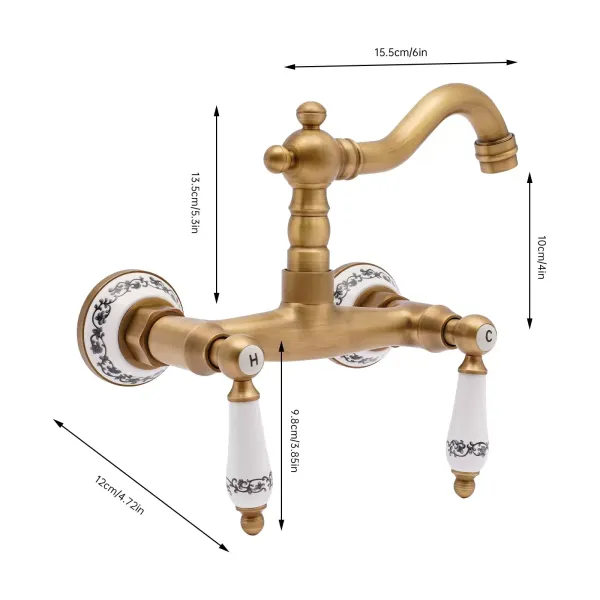 Swivel Wall Mixer Antique Brass Wall Kitchen Mixer Double Lever Sink Mixer For A Male 1/2'' Thread Pipe Wall-Mounted Kitchen Faucet Gold Swivel Wall Mixer Antique Brass Wall Kitchen Mixer Double Lever Sink Mixer For A Male 1/2'' Thread Pipe Wall-Mounted Kitchen Faucet Gold