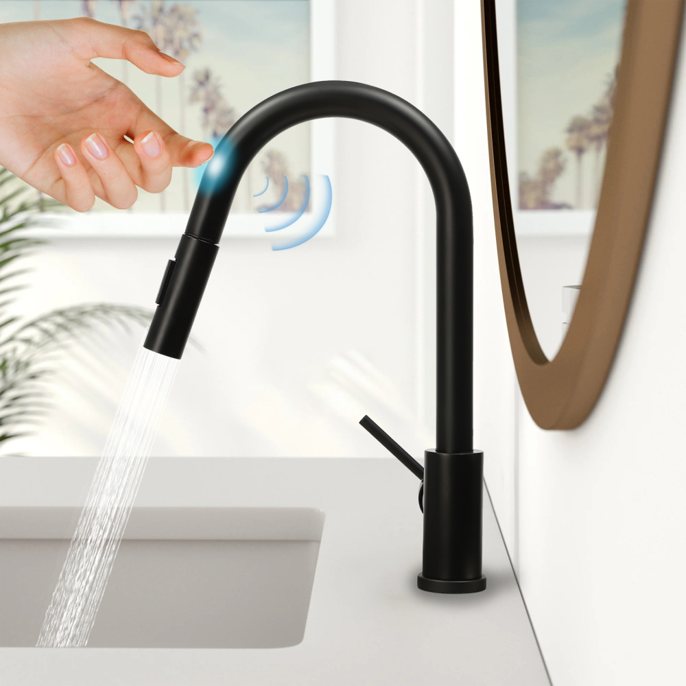 360° rotating kitchen mixer tap with pull-out spray, sensors, black