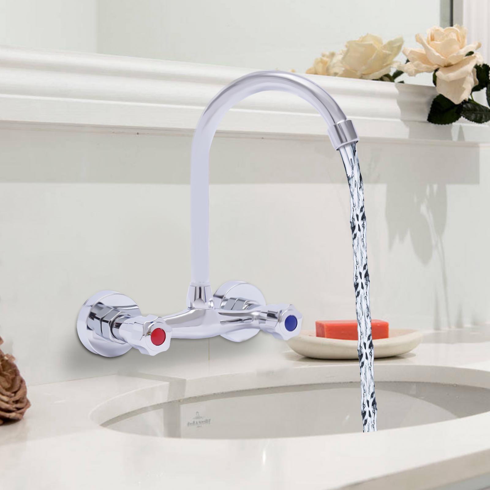 Kitchen faucet, 360° swivel, Hot and cold, Large and smooth flow, Product height: 24.5cm, Silver