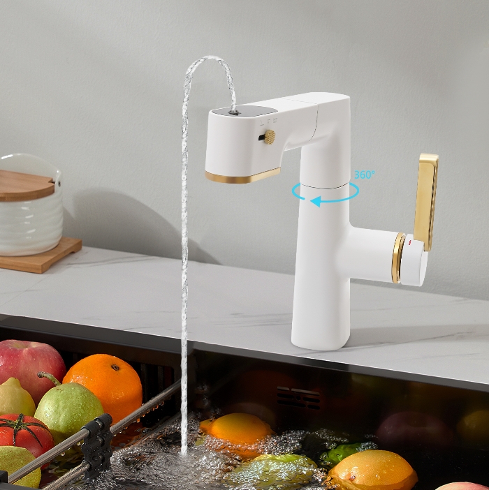 Bathroom faucet with three modes washbasin faucet, pull-out shower, - matte white + zirconium gold