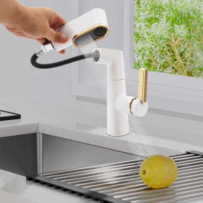 Bathroom faucet with three modes washbasin faucet, pull-out shower, - matte white + zirconium gold Bathroom faucet with three modes washbasin faucet, pull-out shower, - matte white + zirconium gold