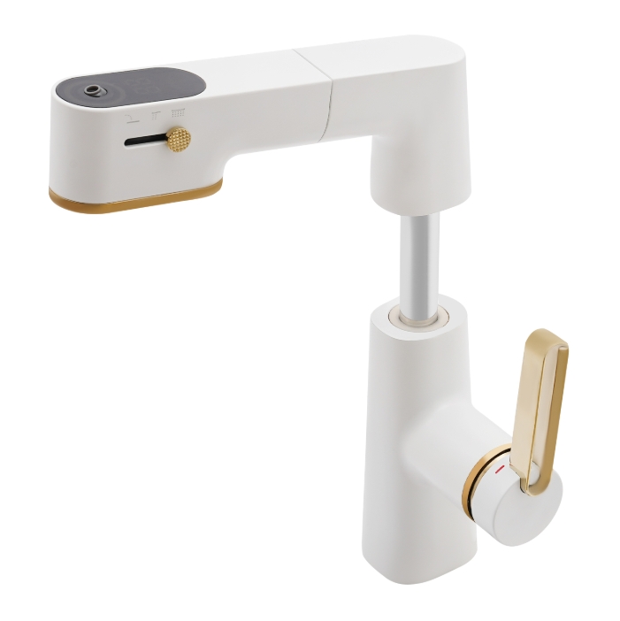 Bathroom faucet with three modes washbasin faucet, pull-out shower, - matte white + zirconium gold