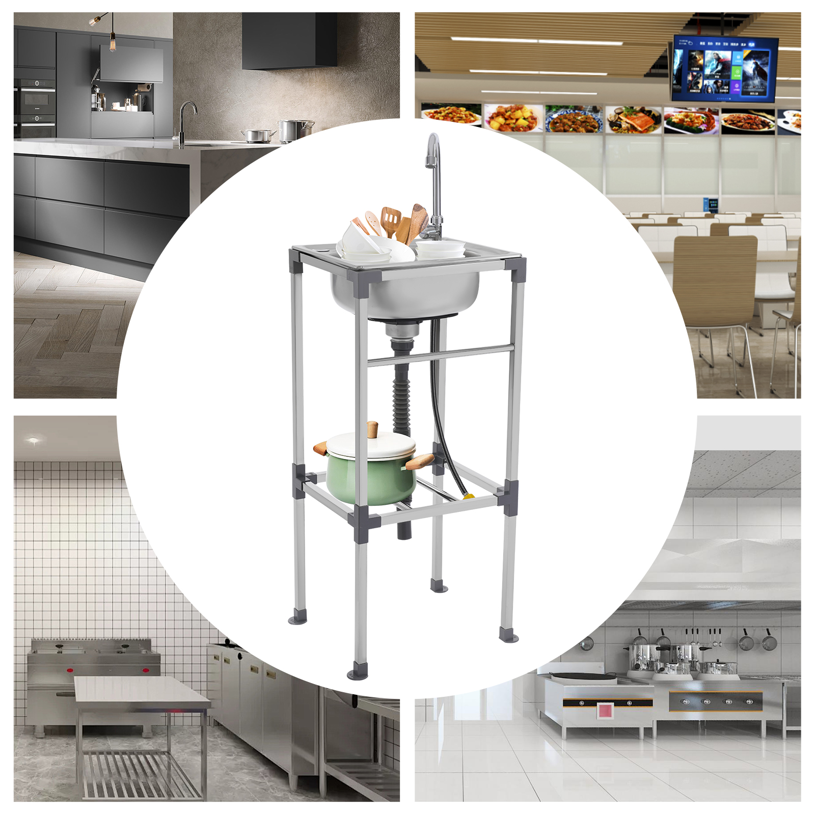 Freestanding basin, stainless steel sink, commercial sink with cold water faucet