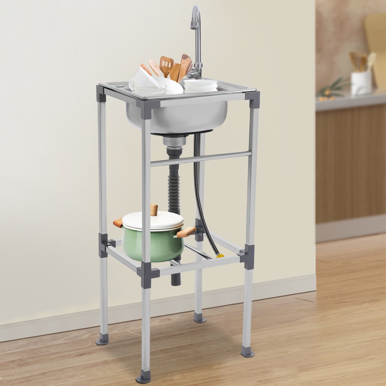 Freestanding basin, stainless steel sink, commercial sink with cold water faucet