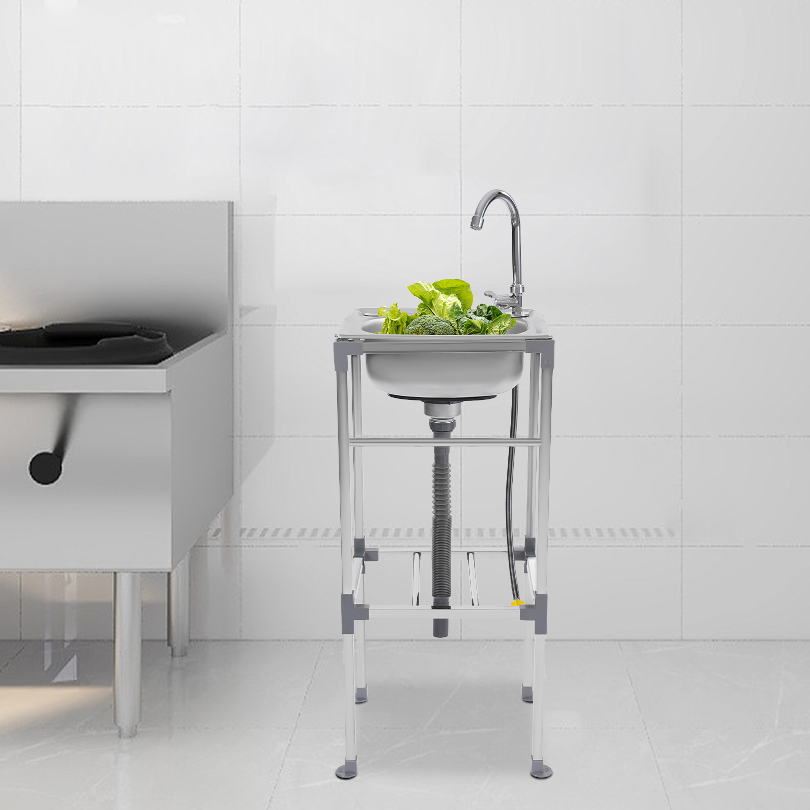 Freestanding basin, stainless steel sink, commercial sink with cold water faucet