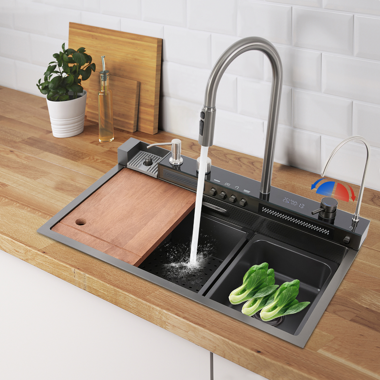 29.92*17.72in Digital Waterfall Sink with Pull-out Faucet Kitchen Sinks Modern Kitchen Sink for Versatile Bars Balconies
