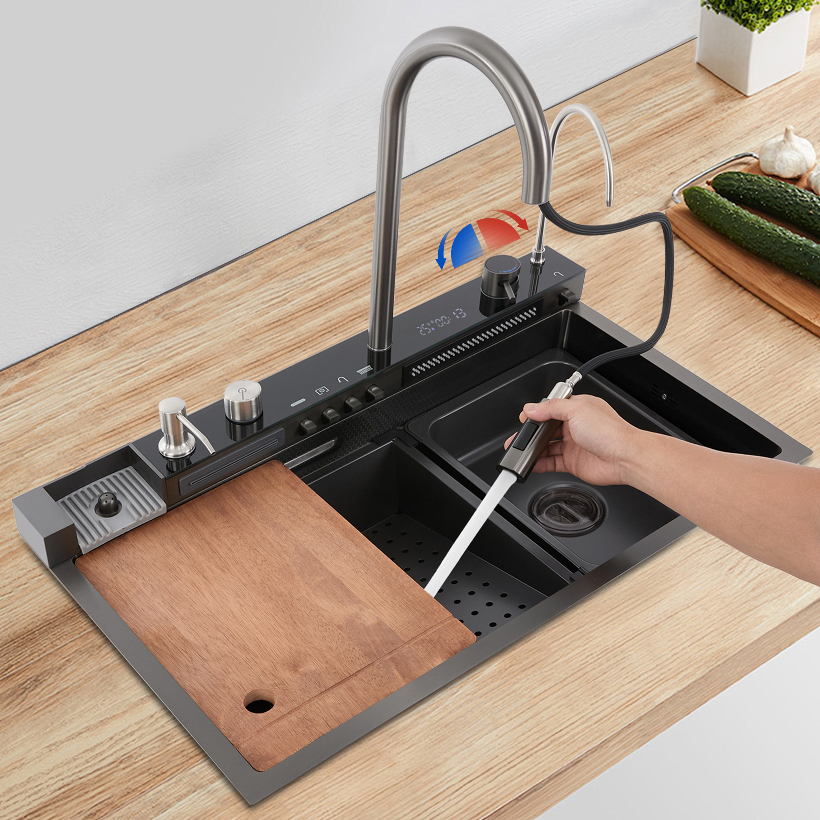 29.92*17.72in Digital Waterfall Sink with Pull-out Faucet Kitchen Sinks Modern Kitchen Sink for Versatile Bars Balconies