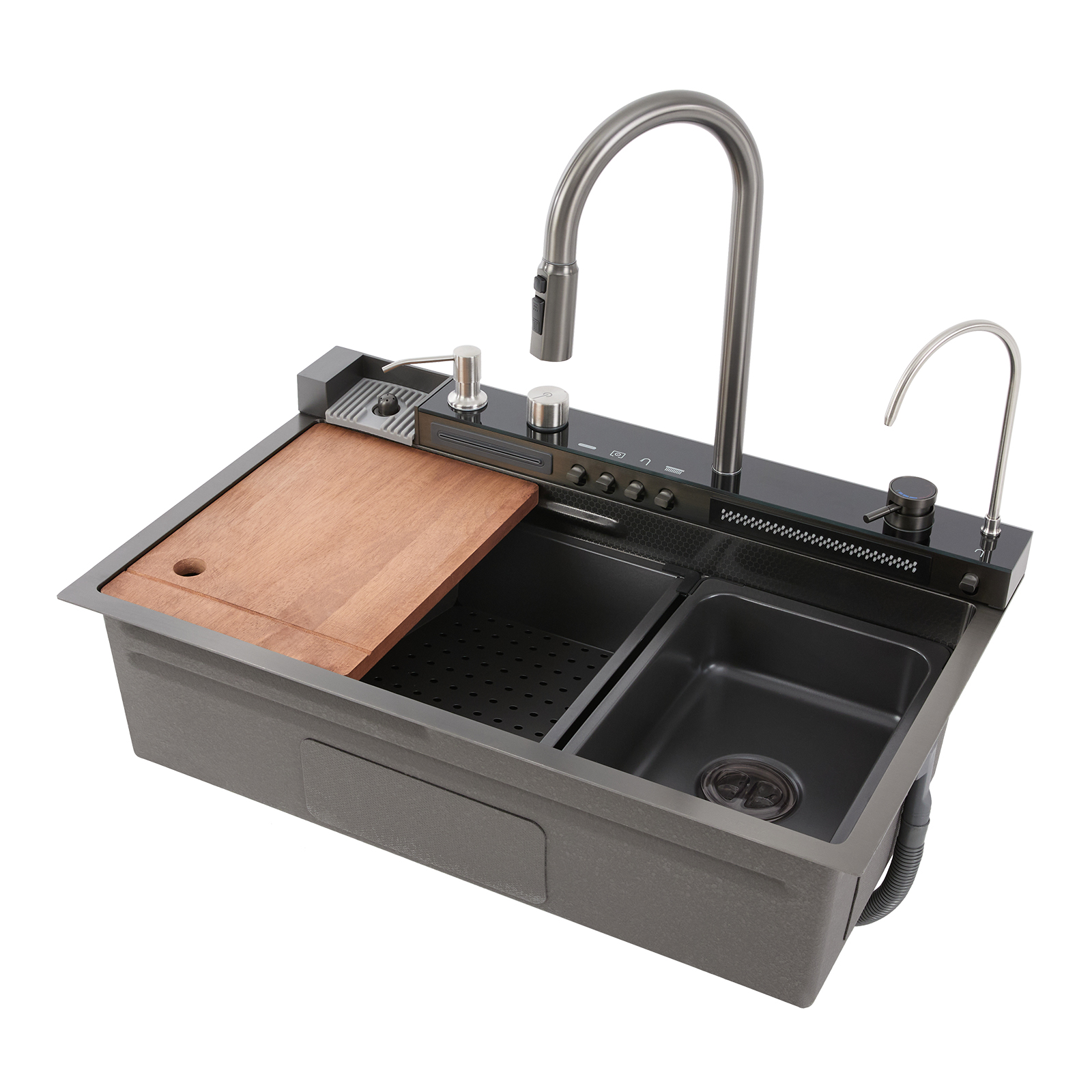 Digital Waterfall Sink, Kitchen Sink, Modern Kitchen Sink with Faucet, Cutting Board, Draining Basket, Black Gray