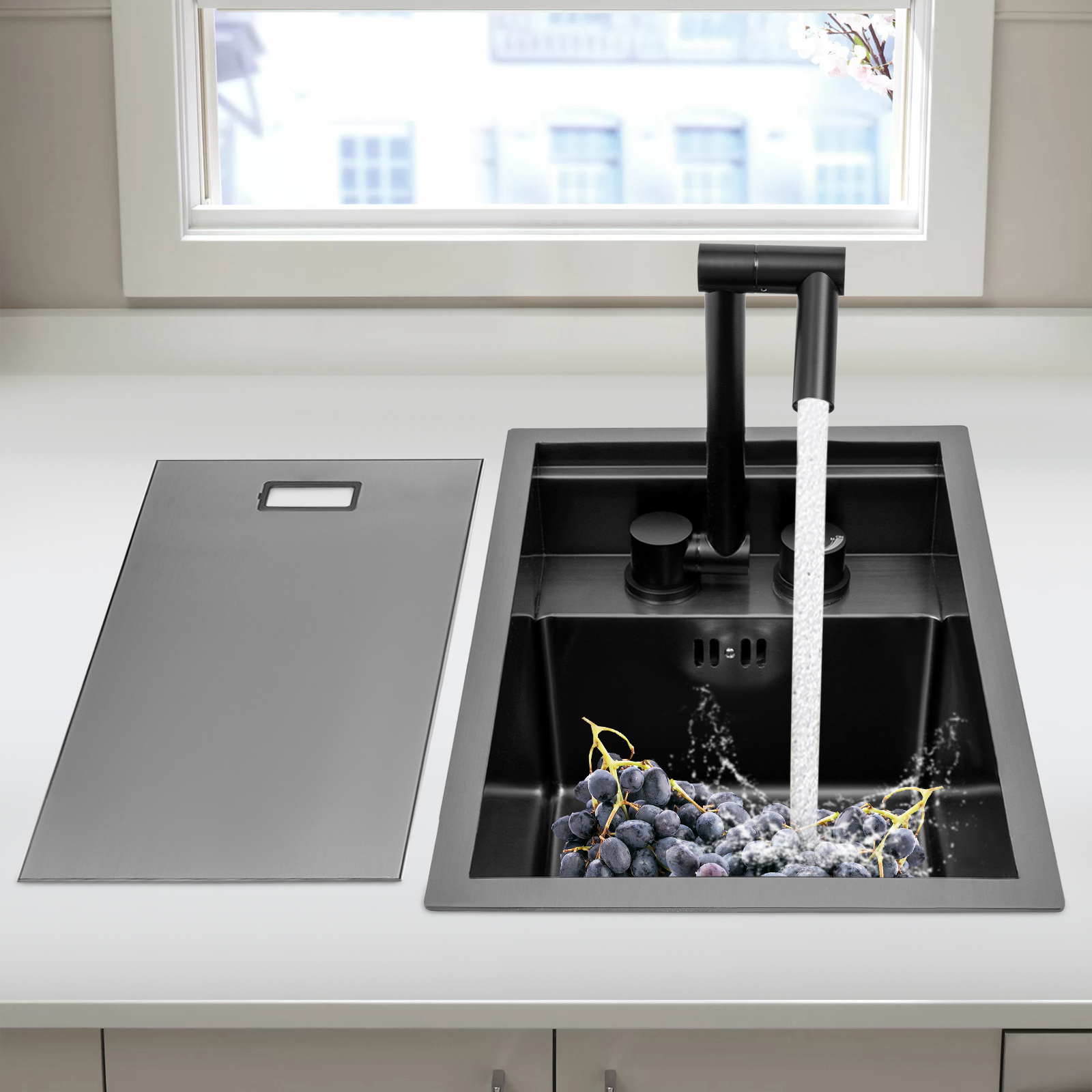 Grey Kitchen Sink Undermount Workstation Sink Last and Durable Drop-in Single Bowl Bar Sink with Faucet for Commercial Kitchens