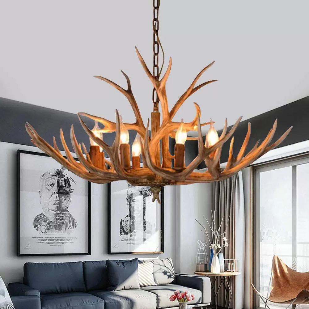 Retro 6-Light Deer Antler Chandelier H Type 220V Primary Color with Bulb Full Foam Packaging E14 Vintage Pendant Light for Living Room Dining Room Bedroom Retro 6-Light Deer Antler Chandelier H Type 220V Primary Color with Bulb Full Foam Packaging E14 Vintage Pendant Light for Living Room Dining Room Bedroom