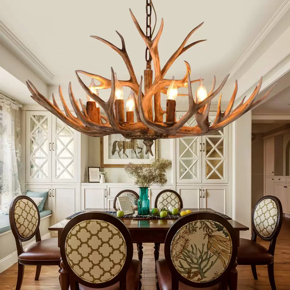 Retro 6-Light Deer Antler Chandelier H Type 220V Primary Color with Bulb Full Foam Packaging E14 Vintage Pendant Light for Living Room Dining Room Bedroom