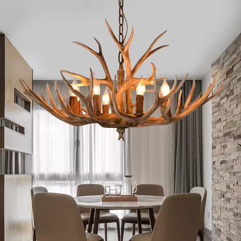 Retro 6-Light Deer Antler Chandelier H Type 220V Primary Color with Bulb Full Foam Packaging E14 Vintage Pendant Light for Living Room Dining Room Bedroom Retro 6-Light Deer Antler Chandelier H Type 220V Primary Color with Bulb Full Foam Packaging E14 Vintage Pendant Light for Living Room Dining Room Bedroom