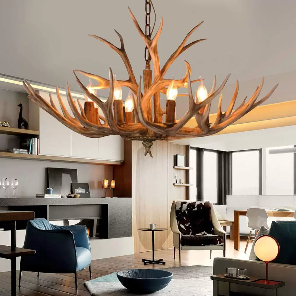 Retro 6-Light Deer Antler Chandelier H Type 220V Primary Color with Bulb Full Foam Packaging E14 Vintage Pendant Light for Living Room Dining Room Bedroom Retro 6-Light Deer Antler Chandelier H Type 220V Primary Color with Bulb Full Foam Packaging E14 Vintage Pendant Light for Living Room Dining Room Bedroom