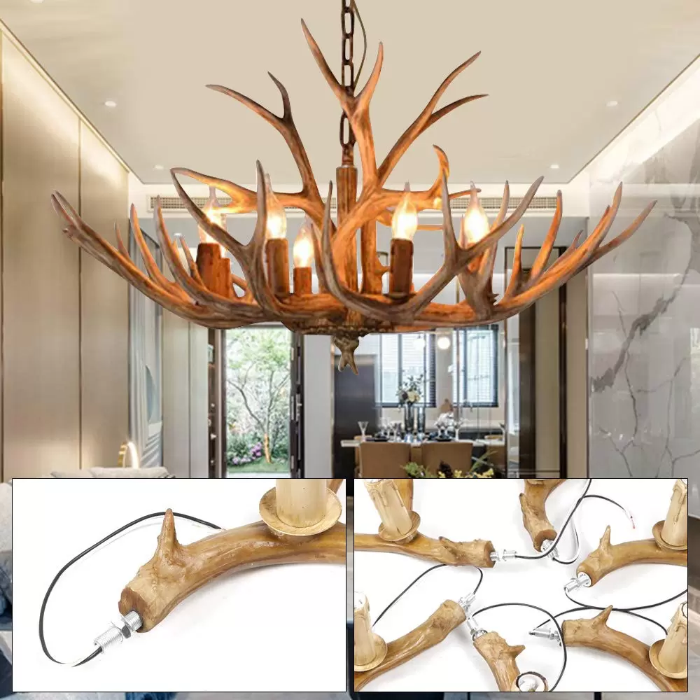 Retro 6-Light Deer Antler Chandelier H Type 220V Primary Color with Bulb Full Foam Packaging E14 Vintage Pendant Light for Living Room Dining Room Bedroom Retro 6-Light Deer Antler Chandelier H Type 220V Primary Color with Bulb Full Foam Packaging E14 Vintage Pendant Light for Living Room Dining Room Bedroom